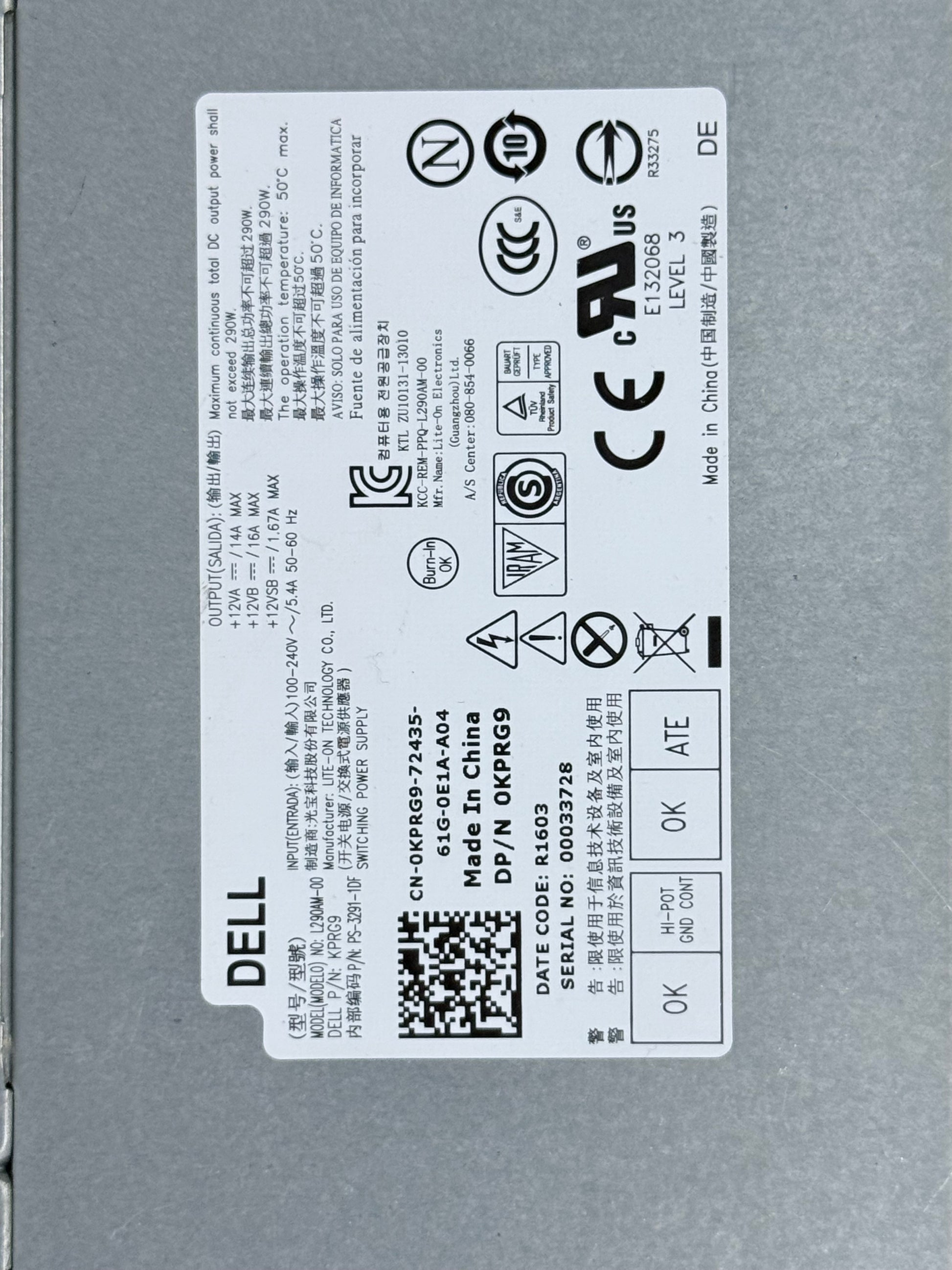 Power Supply for Dell Optiplex 3020 9020 7020 KPRG9 0KPRG9 0N0KPM 290W